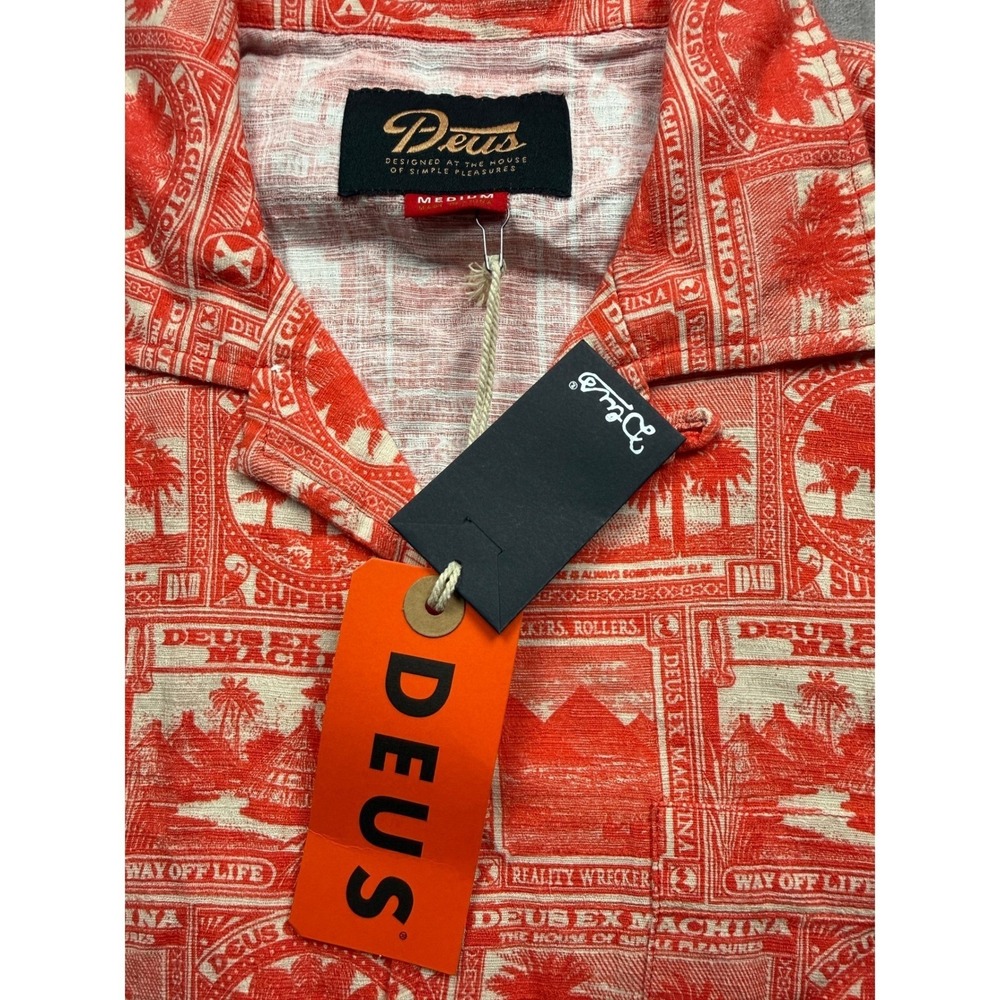 NWT Deus Ex Machina Men M Mail-Man Shirt Red Stamp Palm Print Cotton Button Up - Picture 3 of 14